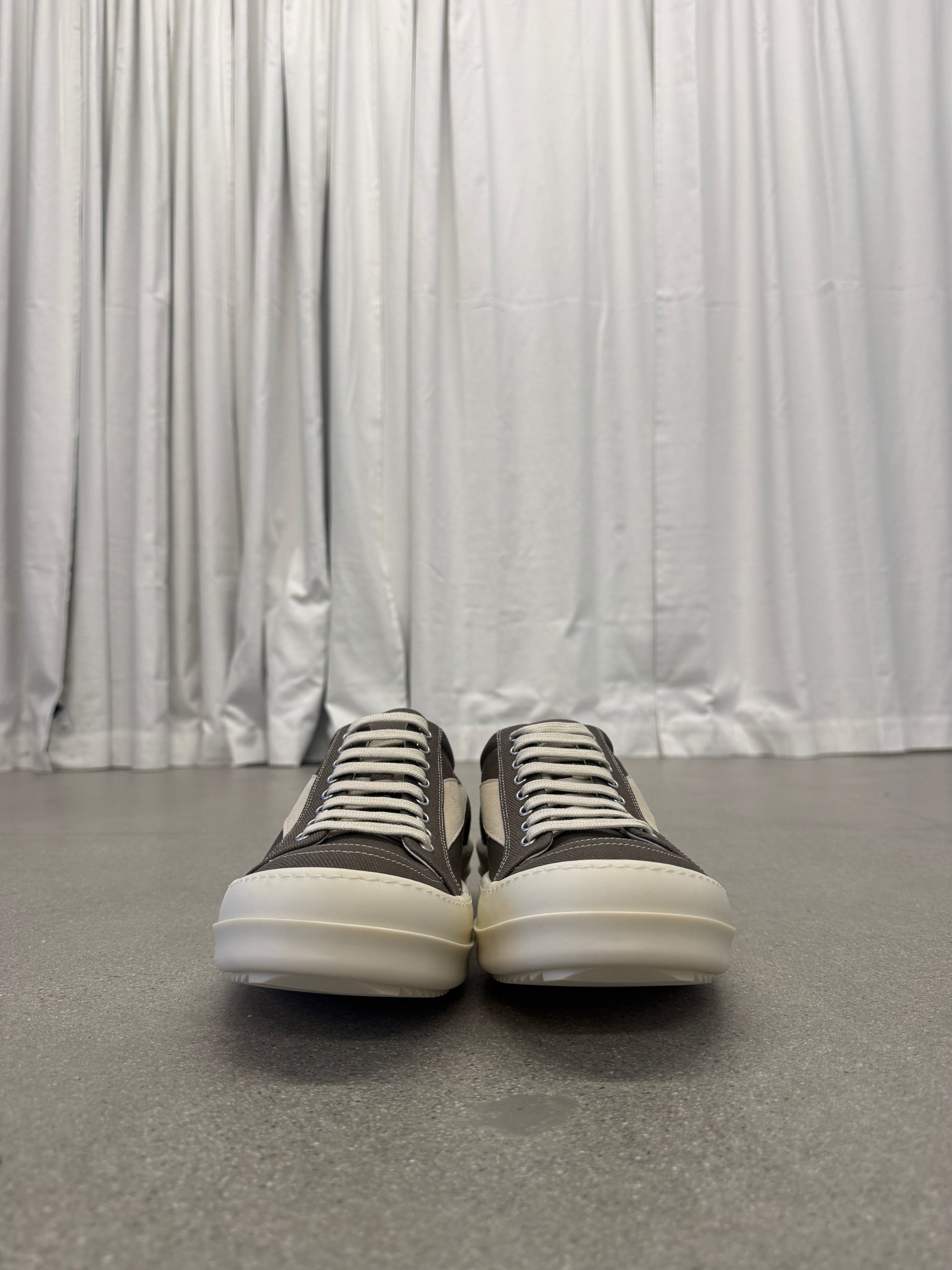 Rick Owens DRKSHDW dust brown sneakers front pair view with cream nubuck toe caps and laces