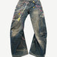 Acne Studios 1981 jeans in dirty wash denim with trompe l'oeil printed pastel chains and charms cascading down the front