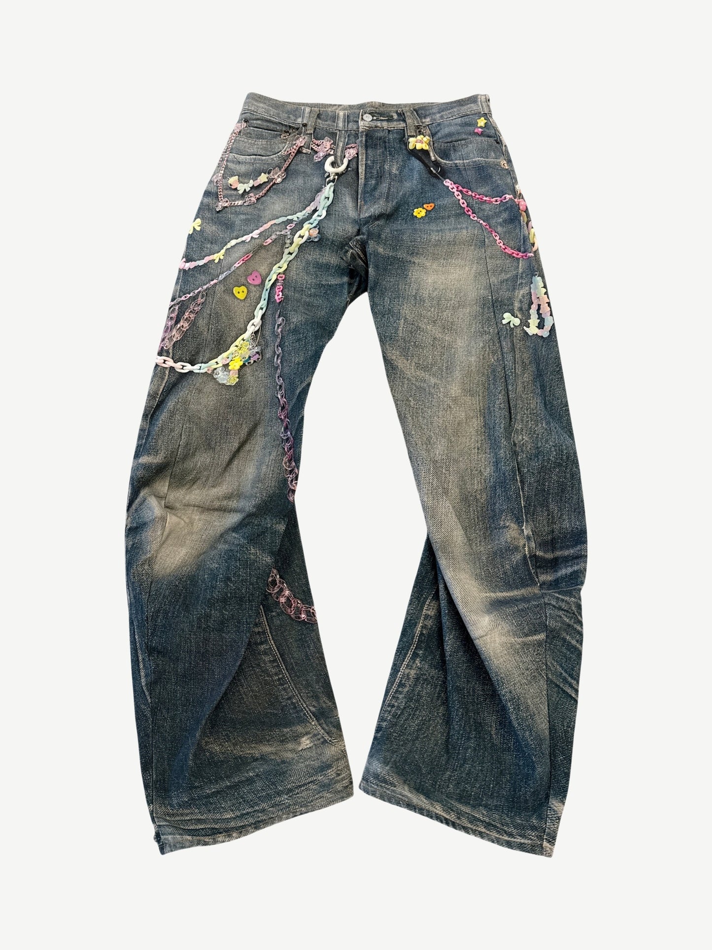 Acne Studios 1981 jeans in dirty wash denim with trompe l'oeil printed pastel chains and charms cascading down the front