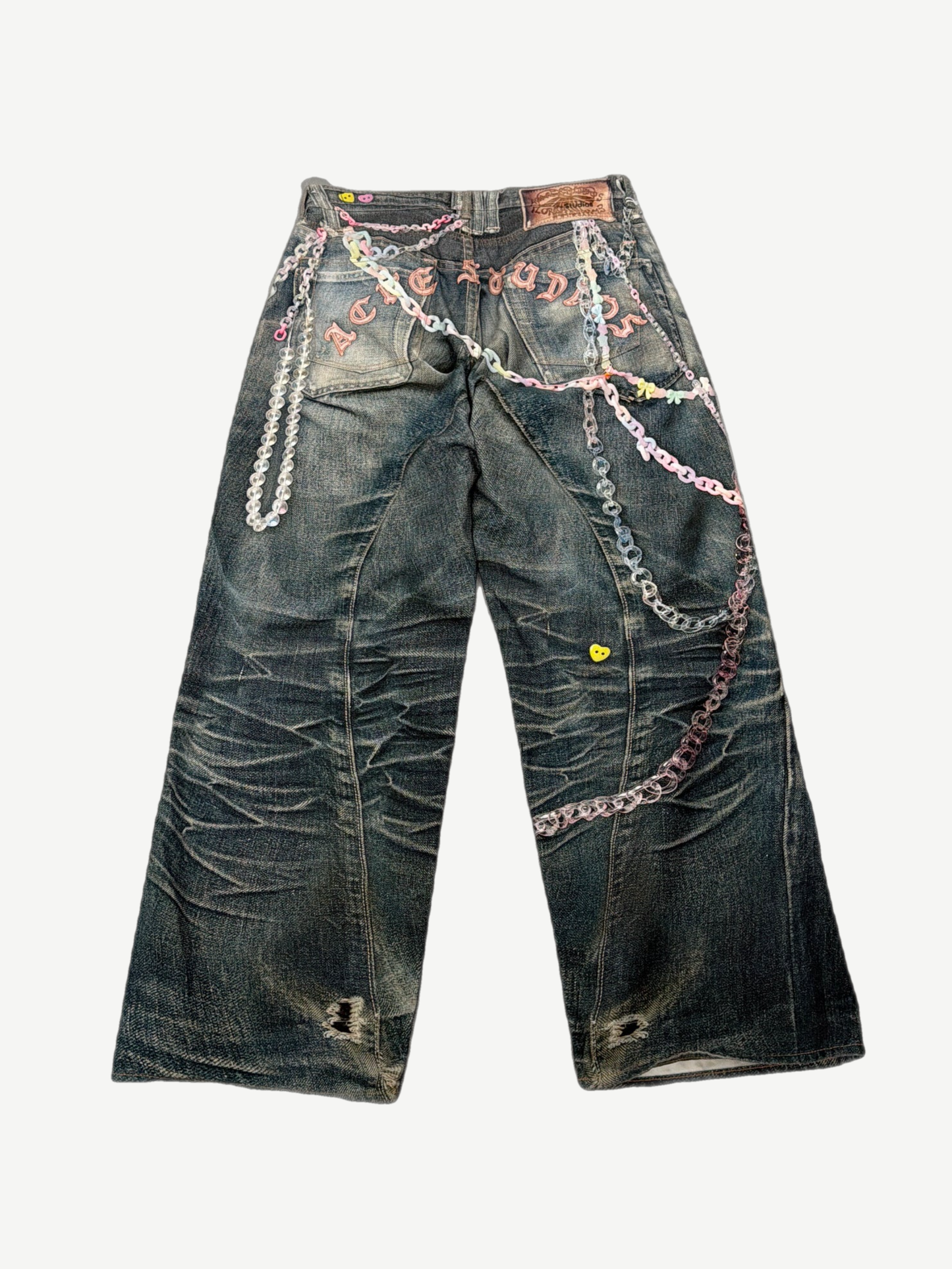 Acne Studios 1981F denim jeans back with trompe loeil chain print and pink Acne Studios logo across waist