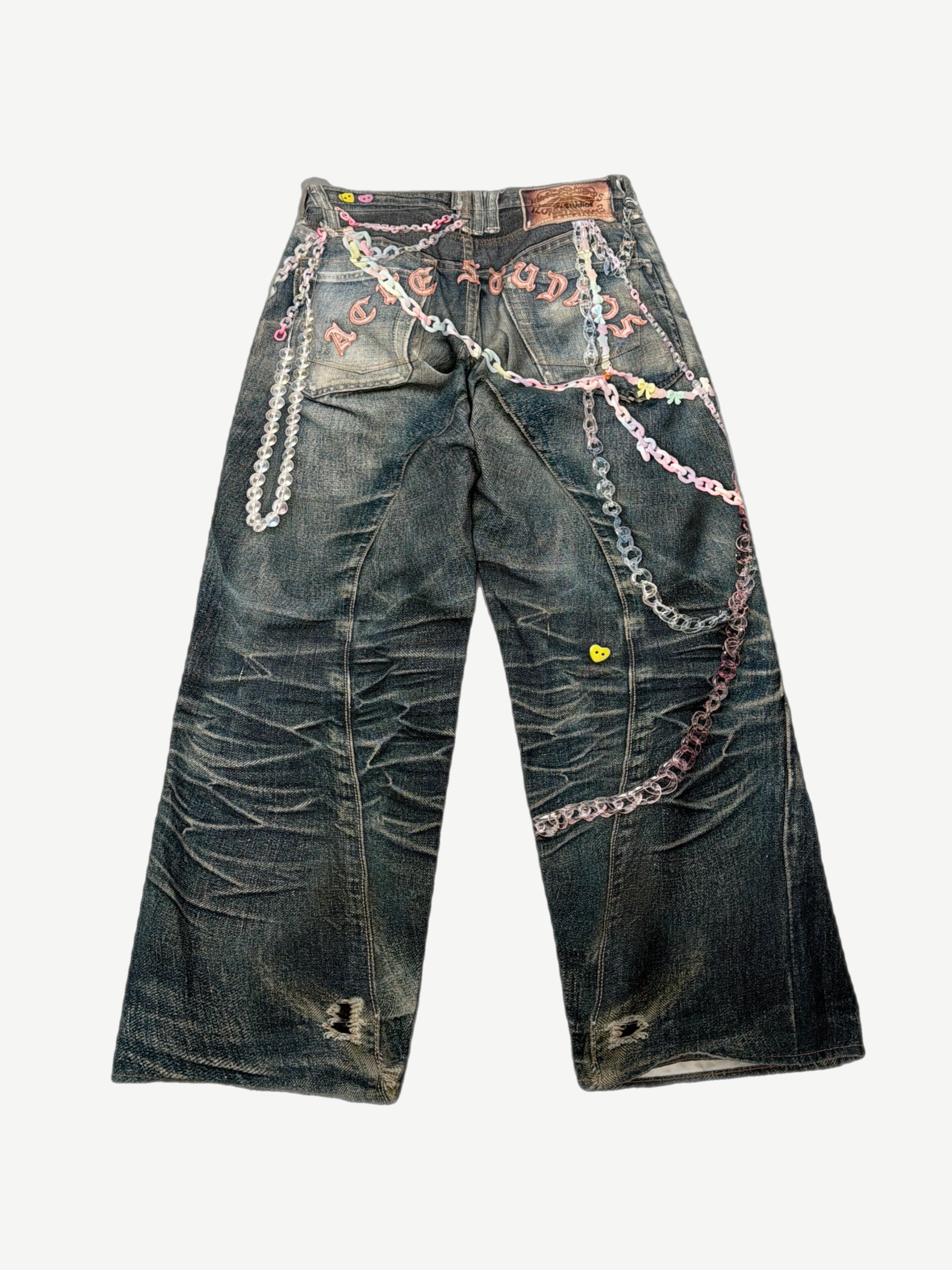Acne Studios 1981F denim jeans back with trompe loeil chain print and pink Acne Studios logo across waist