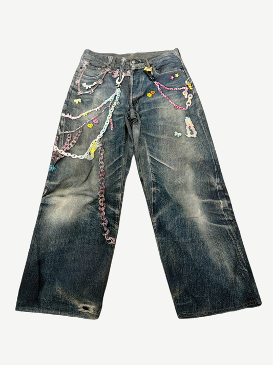 Acne Studios 1981F loose fit washed denim jeans with trompe loeil printed pink chains and keychain charms
