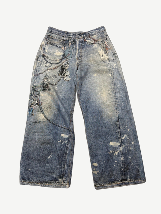 Acne Studios 2006M loose fit jeans with trompe l'oeil keychain print on light blue denim.