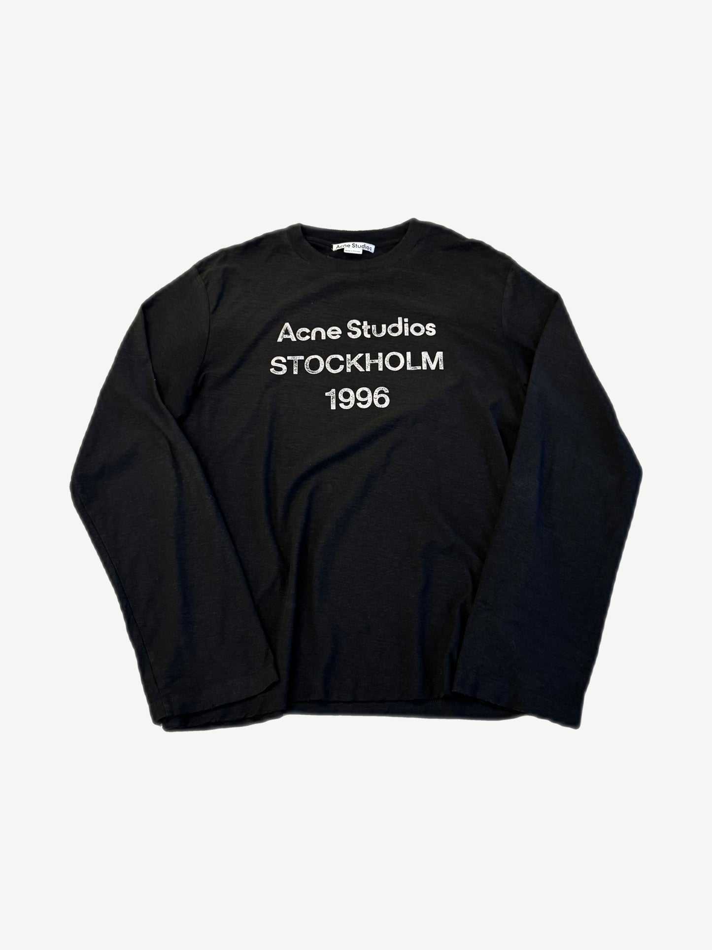 Acne Studios faded black logo longsleeve with cracked Acne Studios Stockholm 1996 chest print.