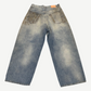 Acne Studios Penicillin mud wash jeans back view in faded blue denim with orange logo patch and patch pockets