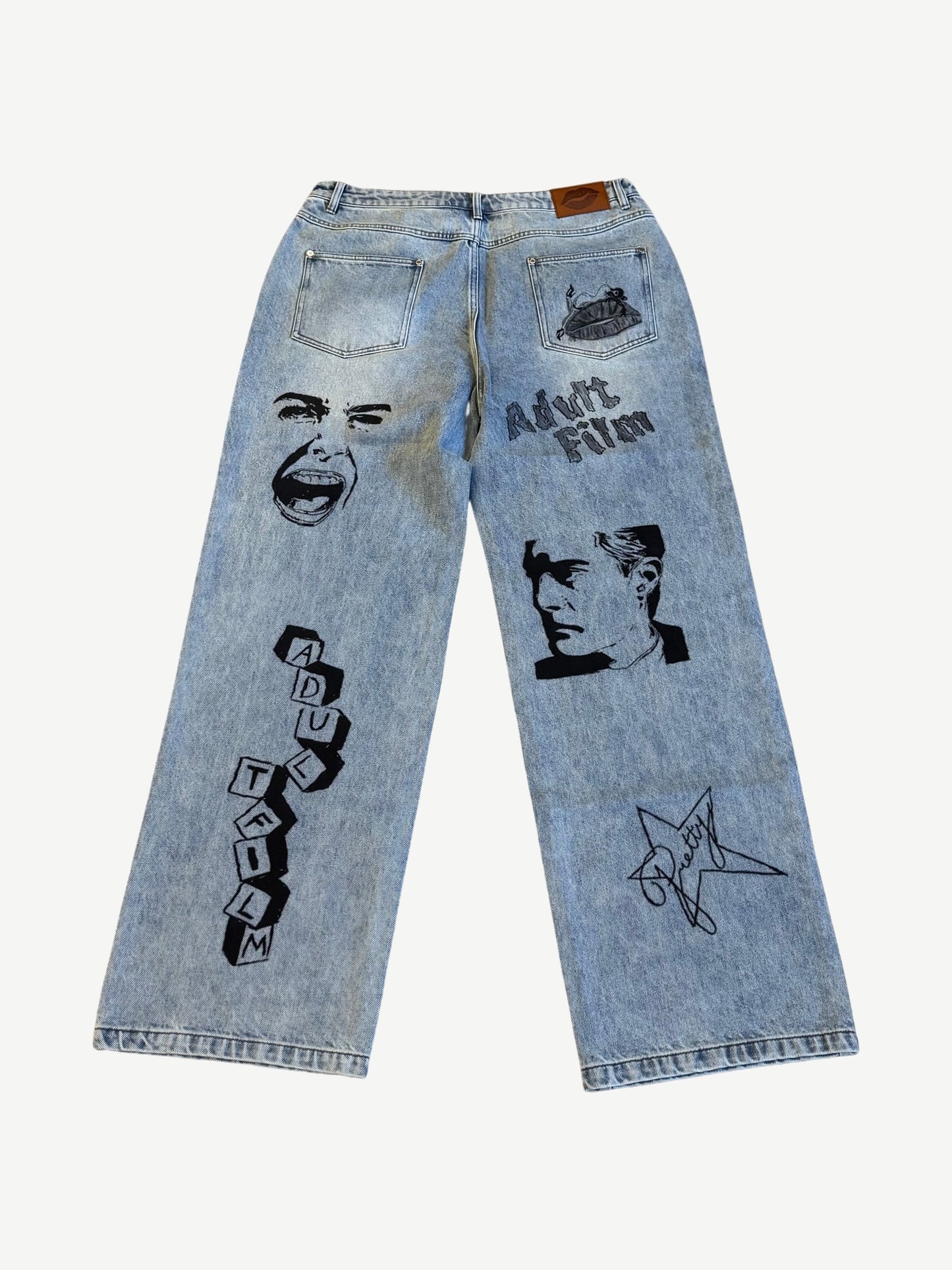 Adult Film Society Tempted cut jeans back, screaming face and block-letter Adult Film prints