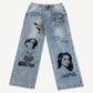 Adult Film Society Tempted cut jeans front, light wash denim with Betty Boop and pinup graphics