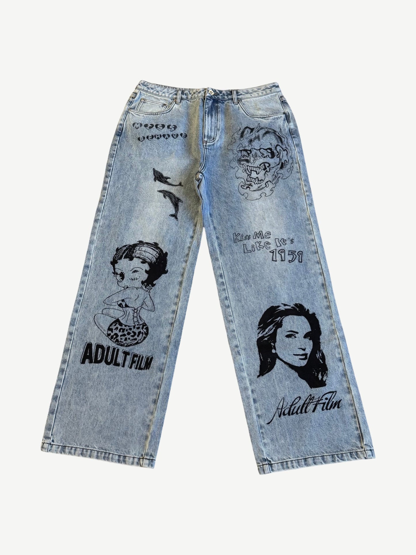 Adult Film Society Tempted cut jeans front, light wash denim with Betty Boop and pinup graphics