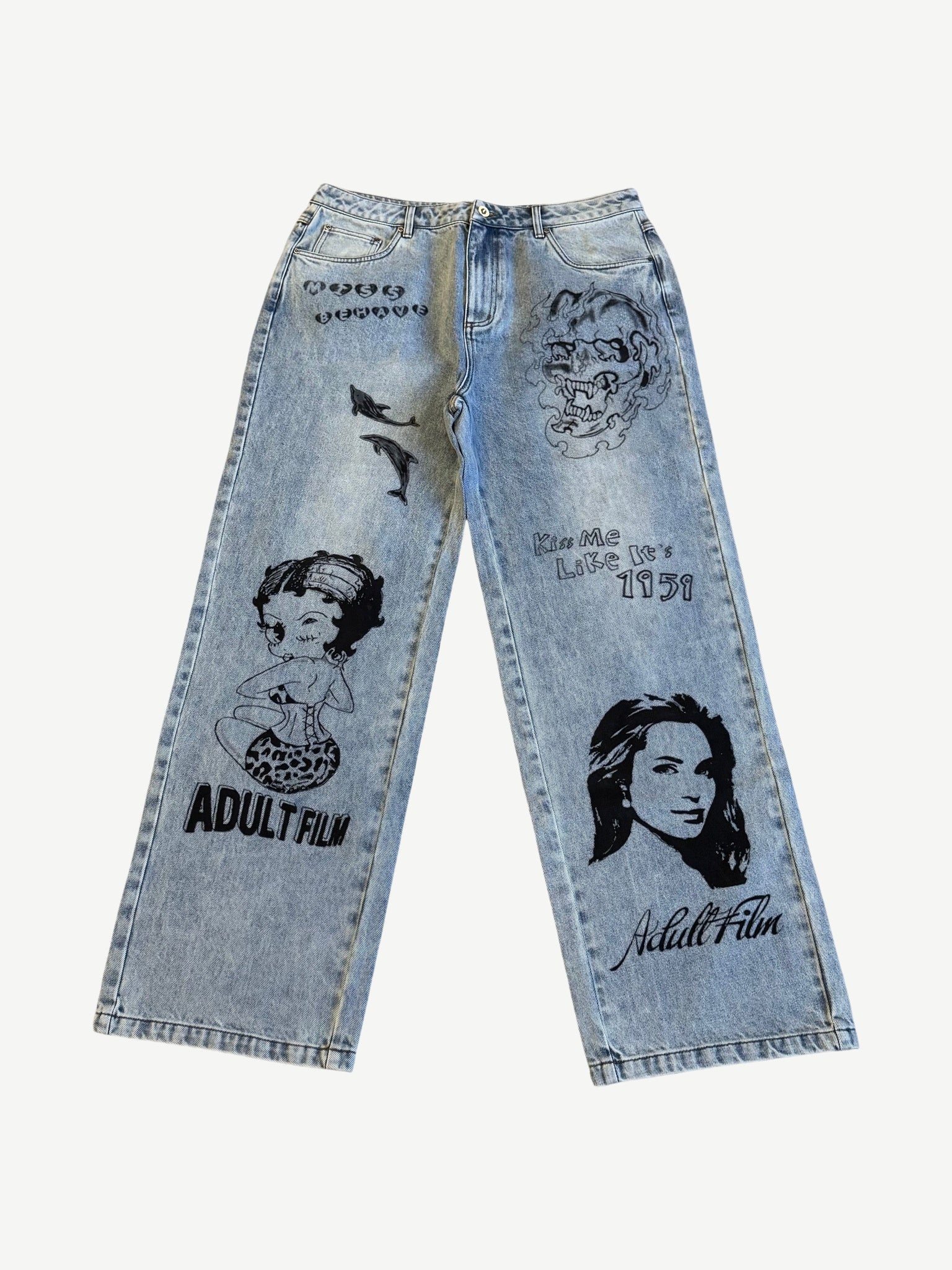 Adult Film Society Tempted cut jeans front, light wash denim with Betty Boop and pinup graphics