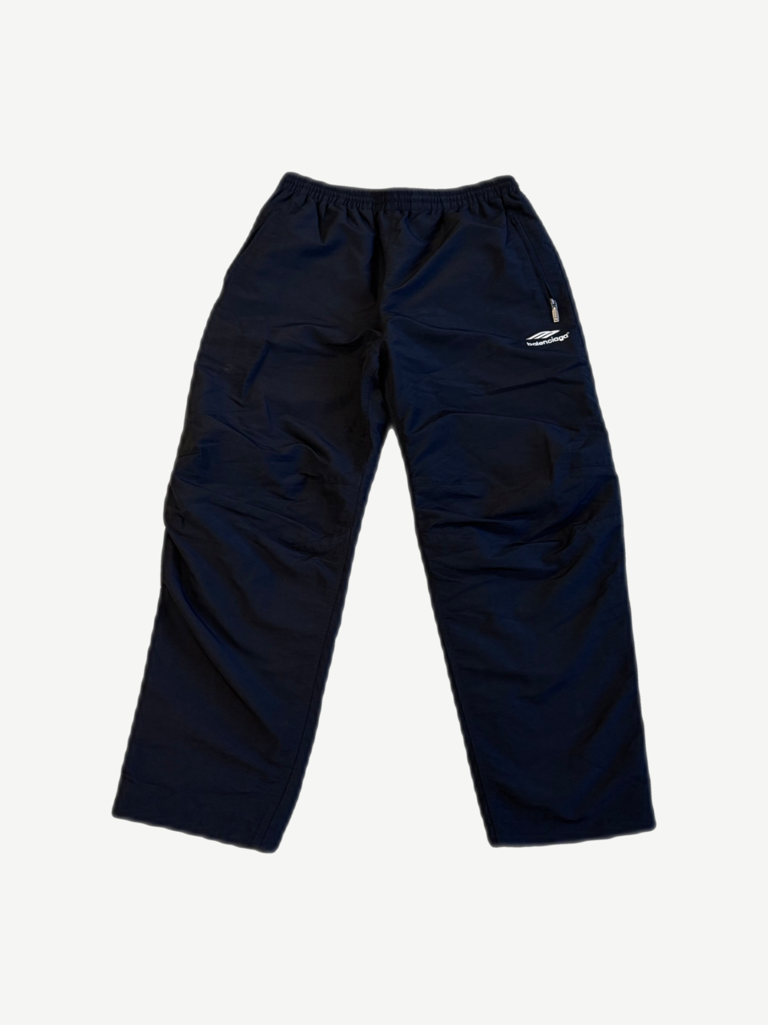 Balenciaga 3B Sports Icon black nylon tracksuit pants with white embroidered logo and side cargo pocket