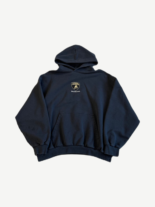 Balenciaga Automobili Lamborghini hoodie in navy with embroidered Lamborghini shield crest and Balenciaga logo.