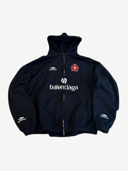 Balenciaga black Paris Soccer zip-up hoodie front with white logo and red soccer crest