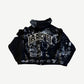 Balenciaga skater zip up hoodie back view with arched Balenciaga varsity logo over allover graffiti.
