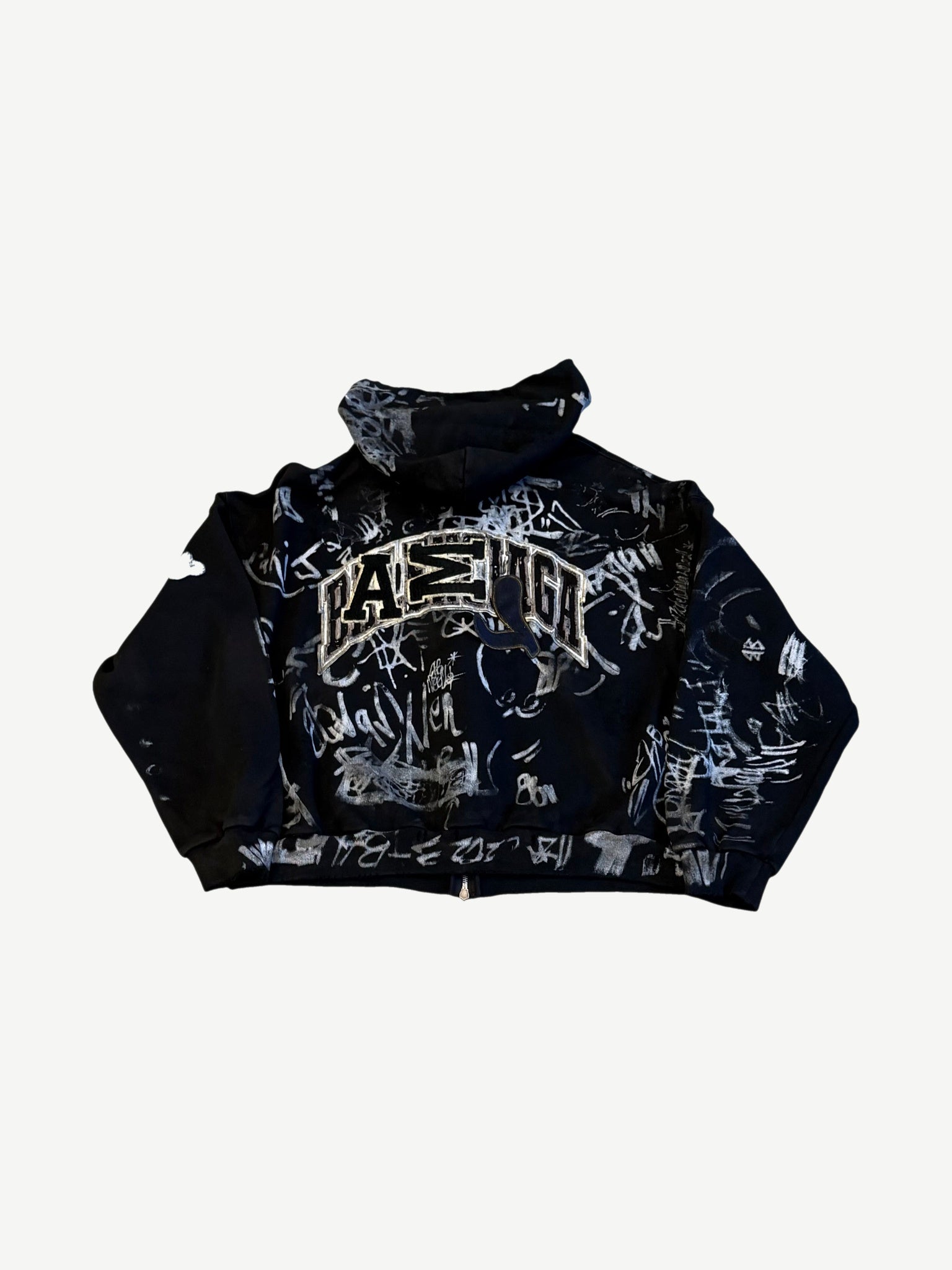 Balenciaga skater zip up hoodie back view with arched Balenciaga varsity logo over allover graffiti.