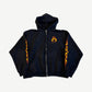 Balenciaga black Unity flame zip hoodie front, orange flame Unity ring chest logo with sleeve flame prints.