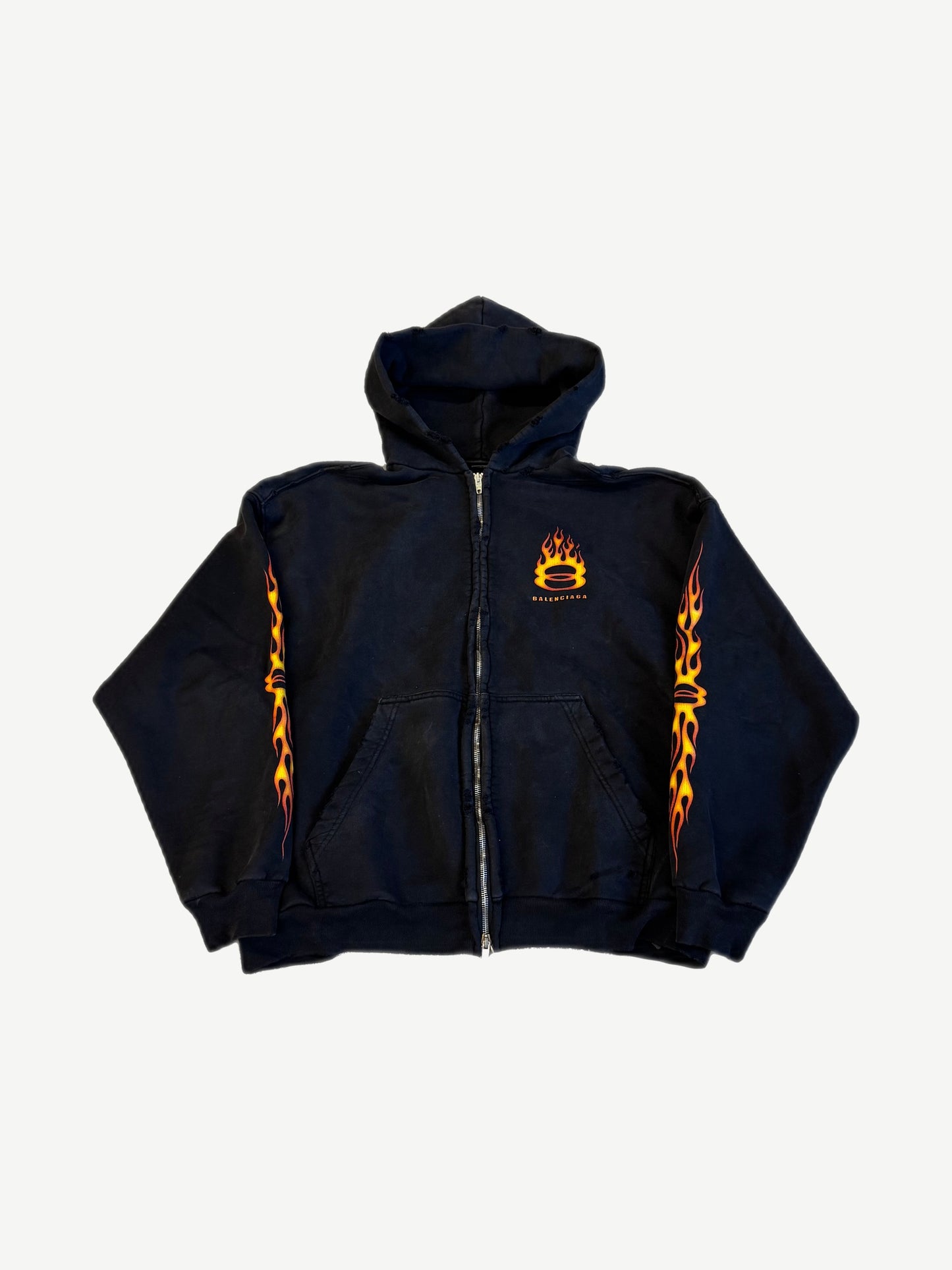 Balenciaga black Unity flame zip hoodie front, orange flame Unity ring chest logo with sleeve flame prints.
