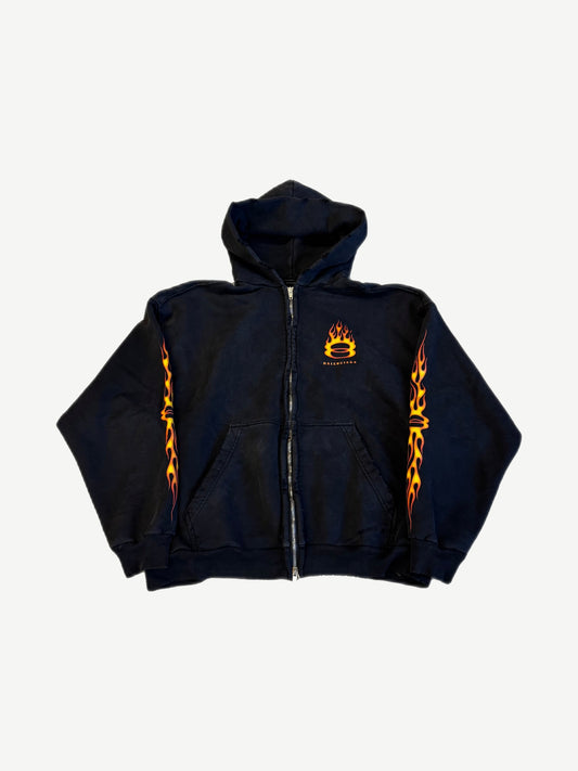 Balenciaga black Unity flame zip hoodie front, orange flame Unity ring chest logo with sleeve flame prints.