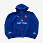 Balenciaga blue soccer logo zip up hoodie front, jersey-style chest crest and full zip closure