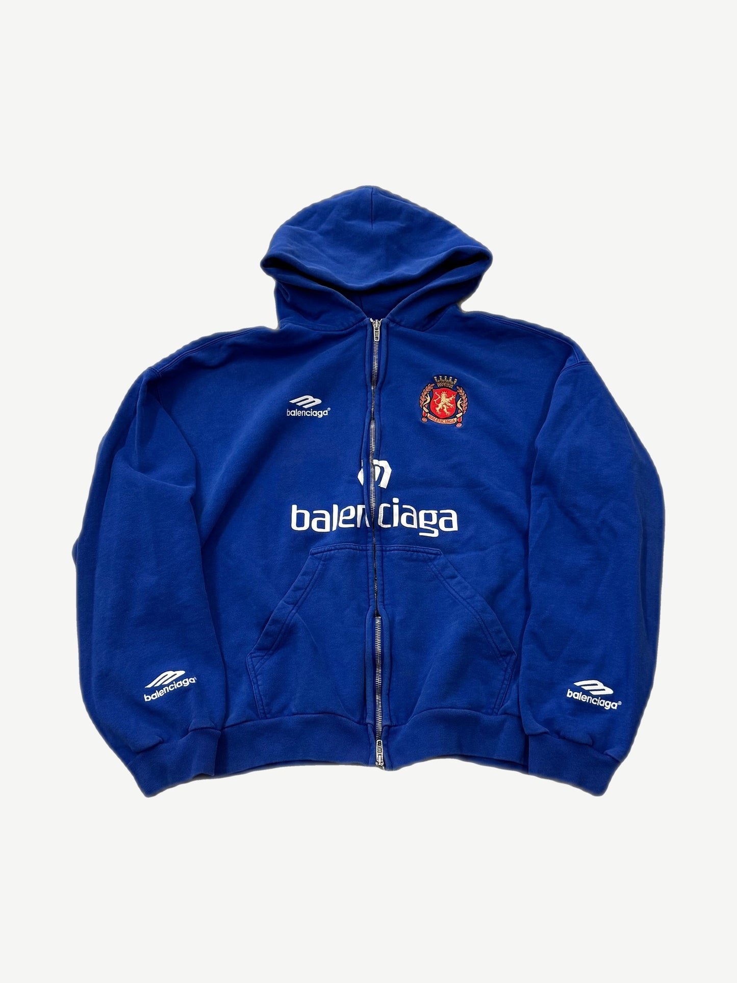 Balenciaga blue soccer logo zip up hoodie front, jersey-style chest crest and full zip closure