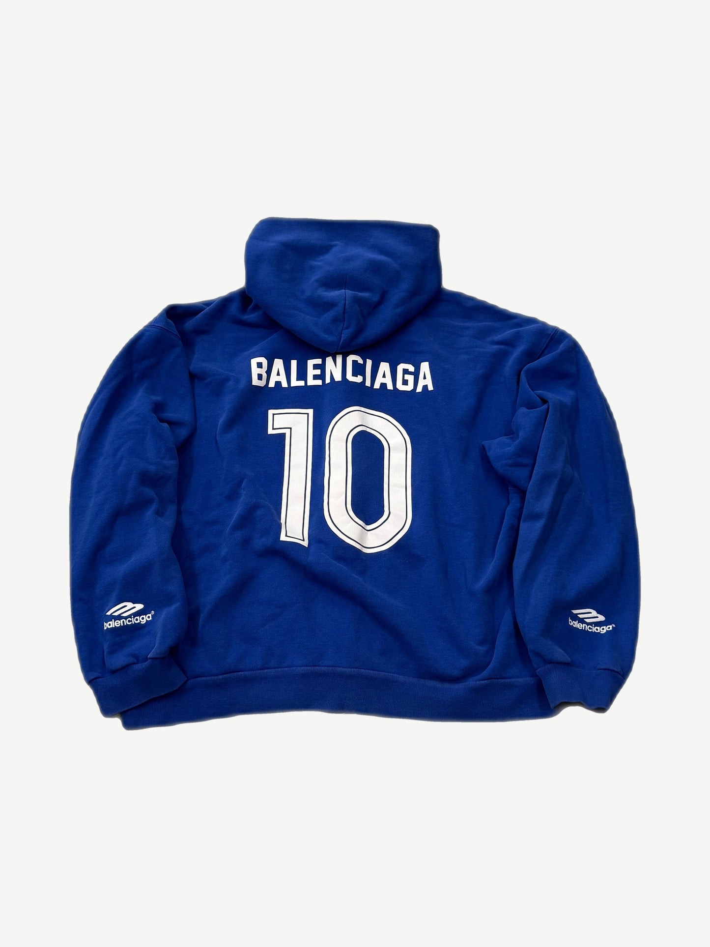 Balenciaga blue soccer zip up back view, large BALENCIAGA wordmark and jersey number 10 print