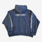 Balenciaga blue Unity flame zipup back with centered white flame graphic and matching sleeve prints.