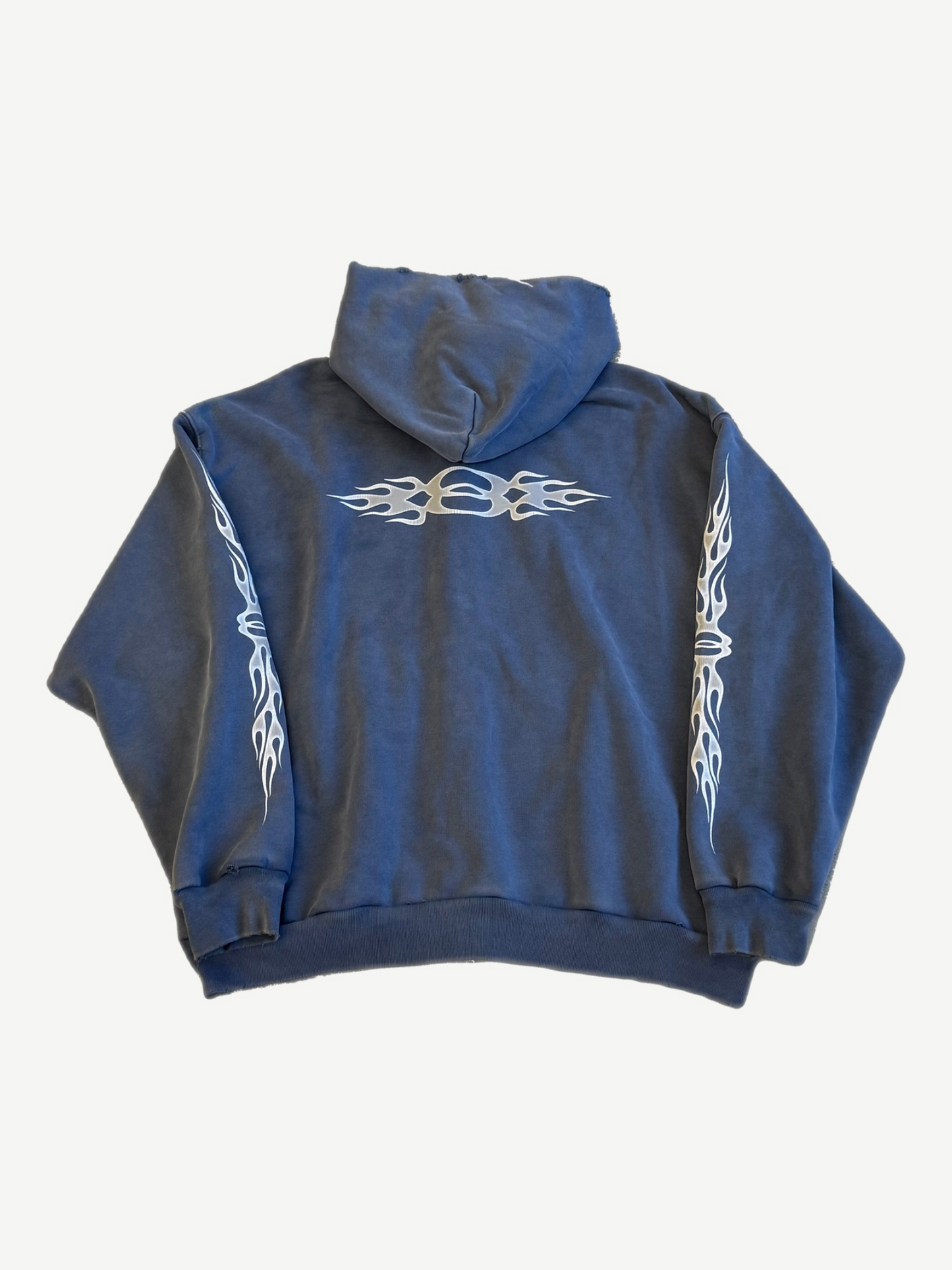 Balenciaga blue Unity flame zipup back with centered white flame graphic and matching sleeve prints.