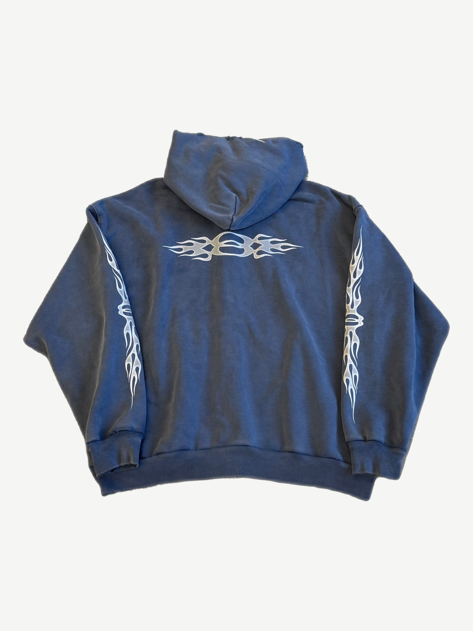 Balenciaga blue Unity flame zipup back with centered white flame graphic and matching sleeve prints.