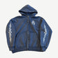 Balenciaga blue distressed zip hoodie with white flame sleeve graphics and small flame chest crest.