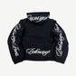 Balenciaga black zip hoodie back with large white Balenciaga cursive script across shoulder blades