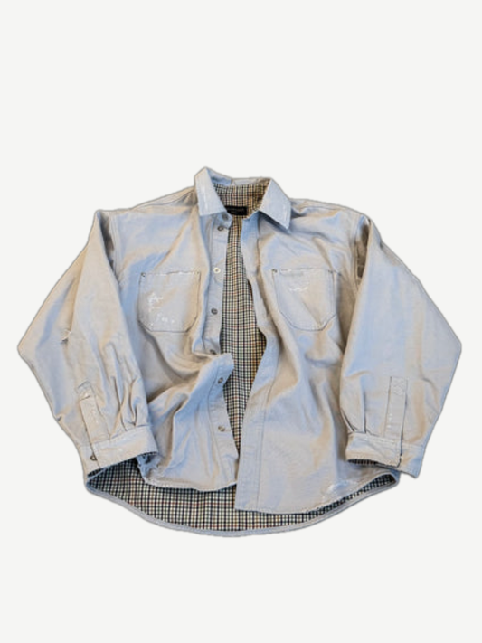 Balenciaga heavy cotton workwear overshirt in stone beige with chest pockets layered over plaid lining