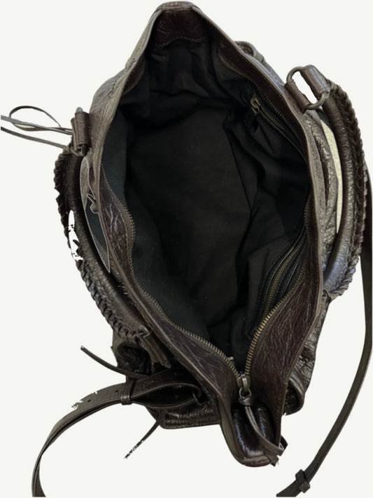 Balenciaga Mocha Le City bag open top-down view showing black canvas interior with zip compartments