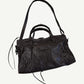 Balenciaga Mocha Le City medium bag front in dark brown crinkled leather with top handles and shoulder strap
