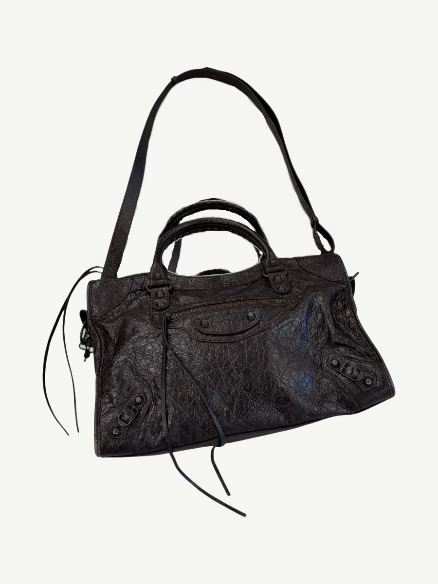 Balenciaga Mocha Le City medium bag front in dark brown crinkled leather with top handles and shoulder strap