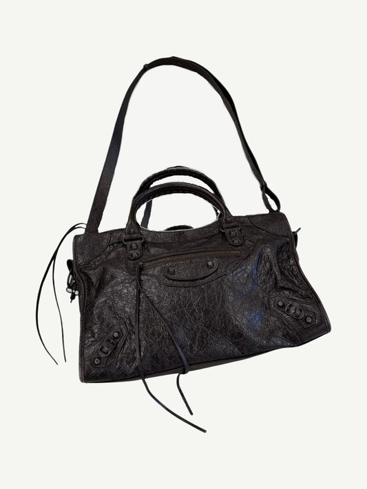 Balenciaga Mocha Le City medium bag front in dark brown crinkled leather with top handles and shoulder strap