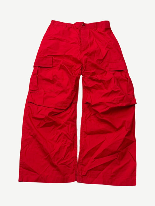 Balenciaga oversized red soft cargo pants with wide leg, flap pockets and cinched elastic waistband