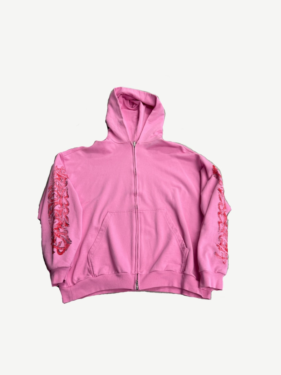 Balenciaga pink Offshore zip-up hoodie front with red graffiti sleeve prints and double zipper