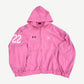 Balenciaga distressed pink zip hoodie with 22 patch, French flag, Paris script and horse polo crest.