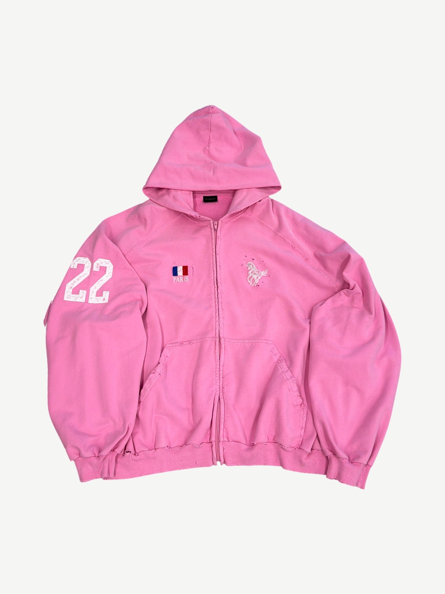 Balenciaga distressed pink zip hoodie with 22 patch, French flag, Paris script and horse polo crest.