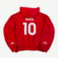 Balenciaga red soccer zipup back with large PARIS 10 jersey-style print and white Balenciaga sleeve tag