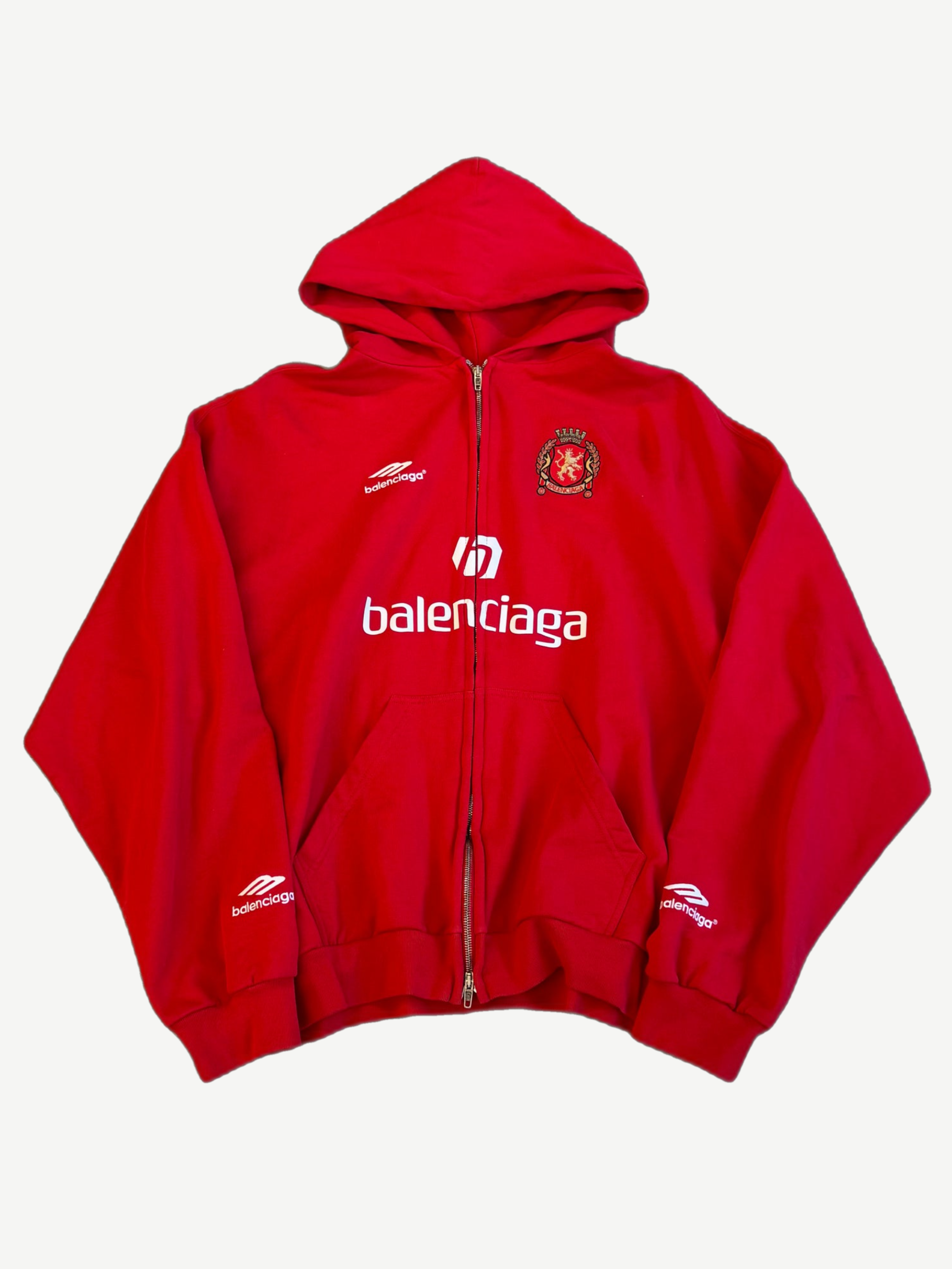 Balenciaga red Paris soccer zip up hoodie with Balenciaga chest logo, club crest and signature sleeves