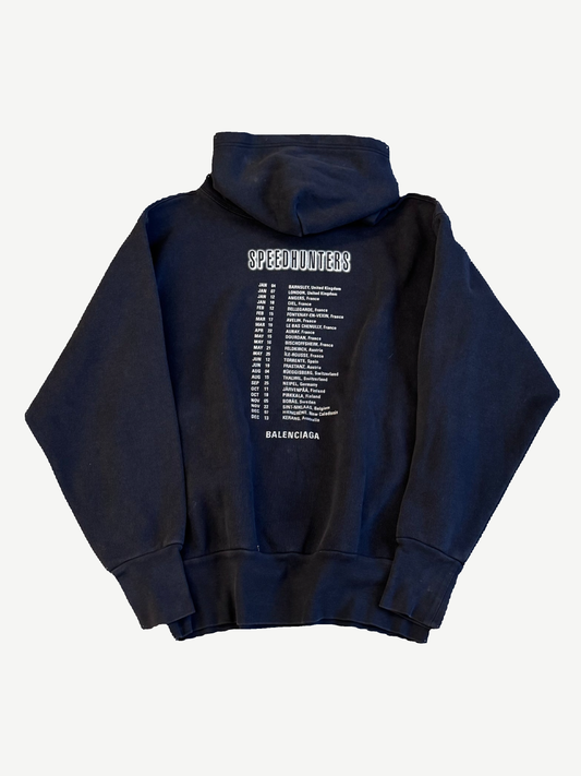 Balenciaga Speedhunters navy hoodie back with full tour-date city listing printed across the panel.