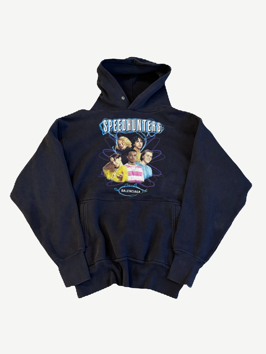 Balenciaga Speedhunters navy oversized hoodie with band photo graphic, SPEEDHUNTERS and BALENCIAGA text.