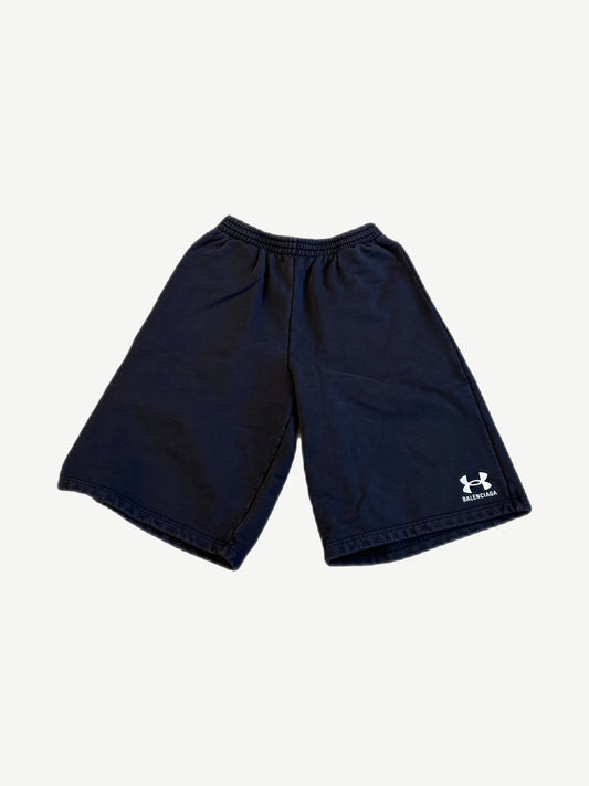 Balenciaga Under Armour sweat shorts in navy with co-branded UA logo and Balenciaga text on right leg.