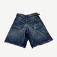 Balenciaga washed denim cargo shorts back view with five-pocket cut and raw frayed cutoff hem