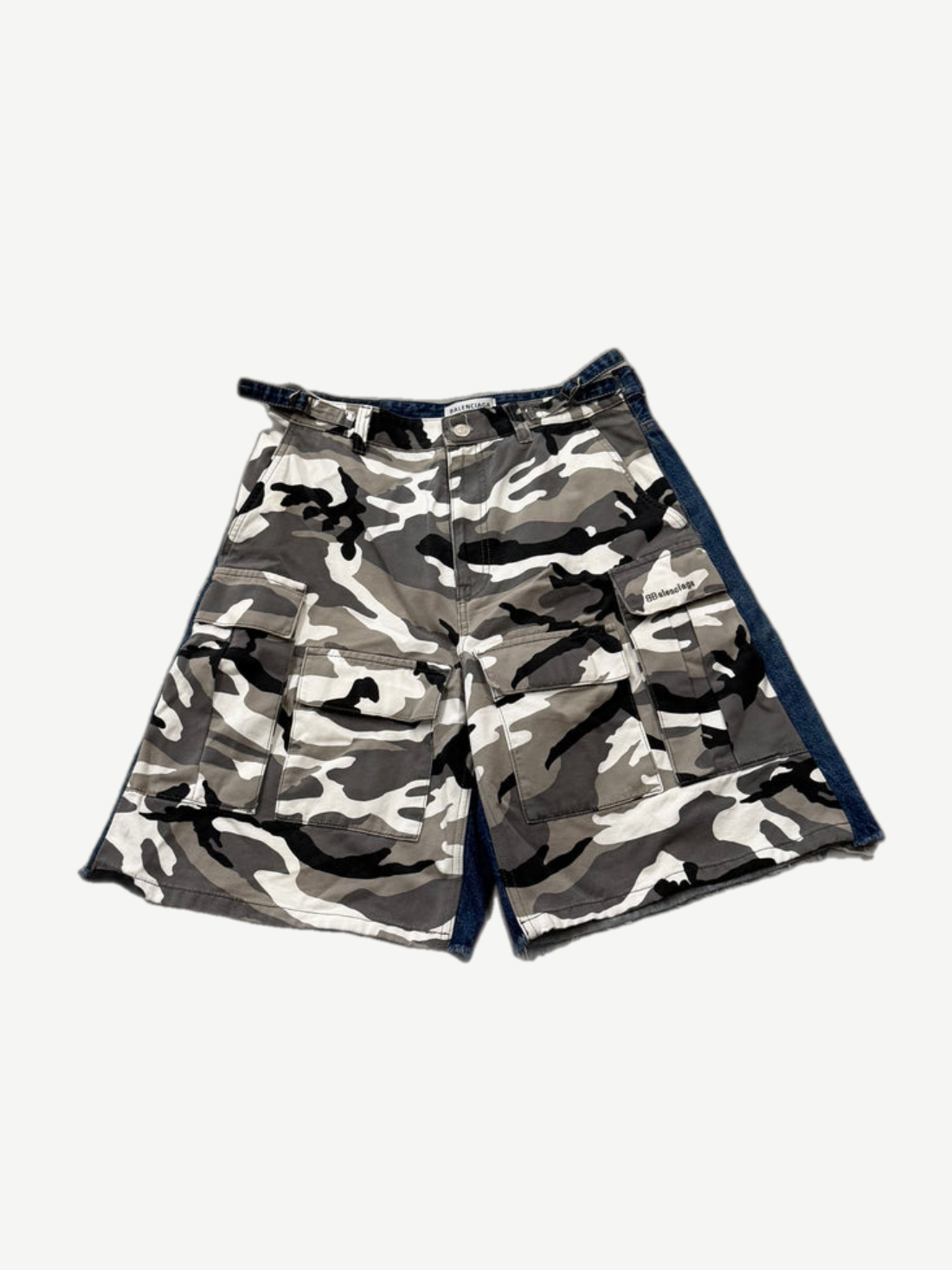 Balenciaga white grey camo cargo shorts with utility flap pockets, dark side stripe and belted waistband