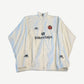 Balenciaga white Paris soccer track jacket with chest logo, red embroidered crest and stand collar zip front