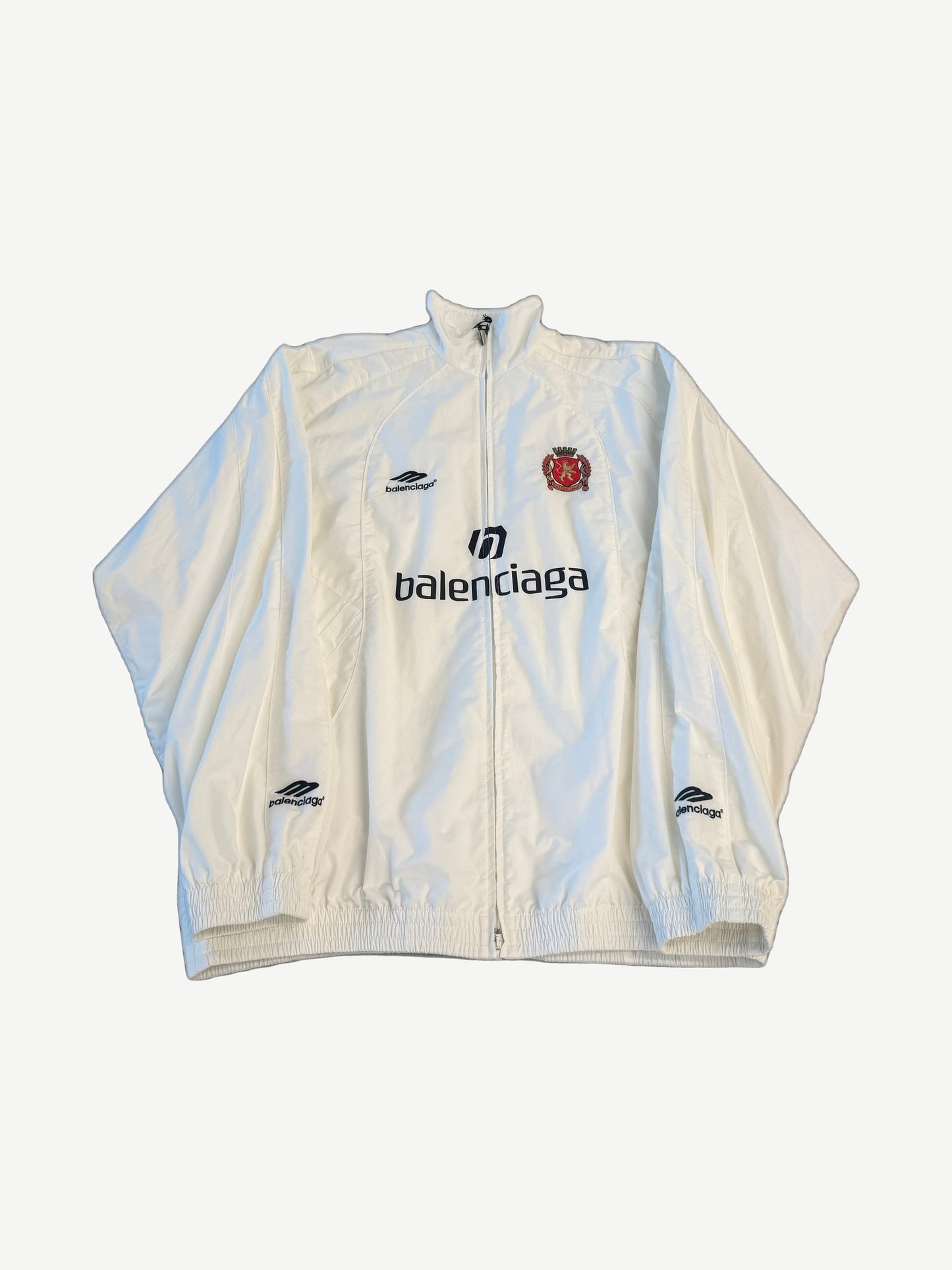 Balenciaga white Paris soccer track jacket with chest logo, red embroidered crest and stand collar zip front