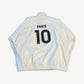 Balenciaga white Paris track jacket back view with jersey-style Paris 10 print on glossy nylon shell