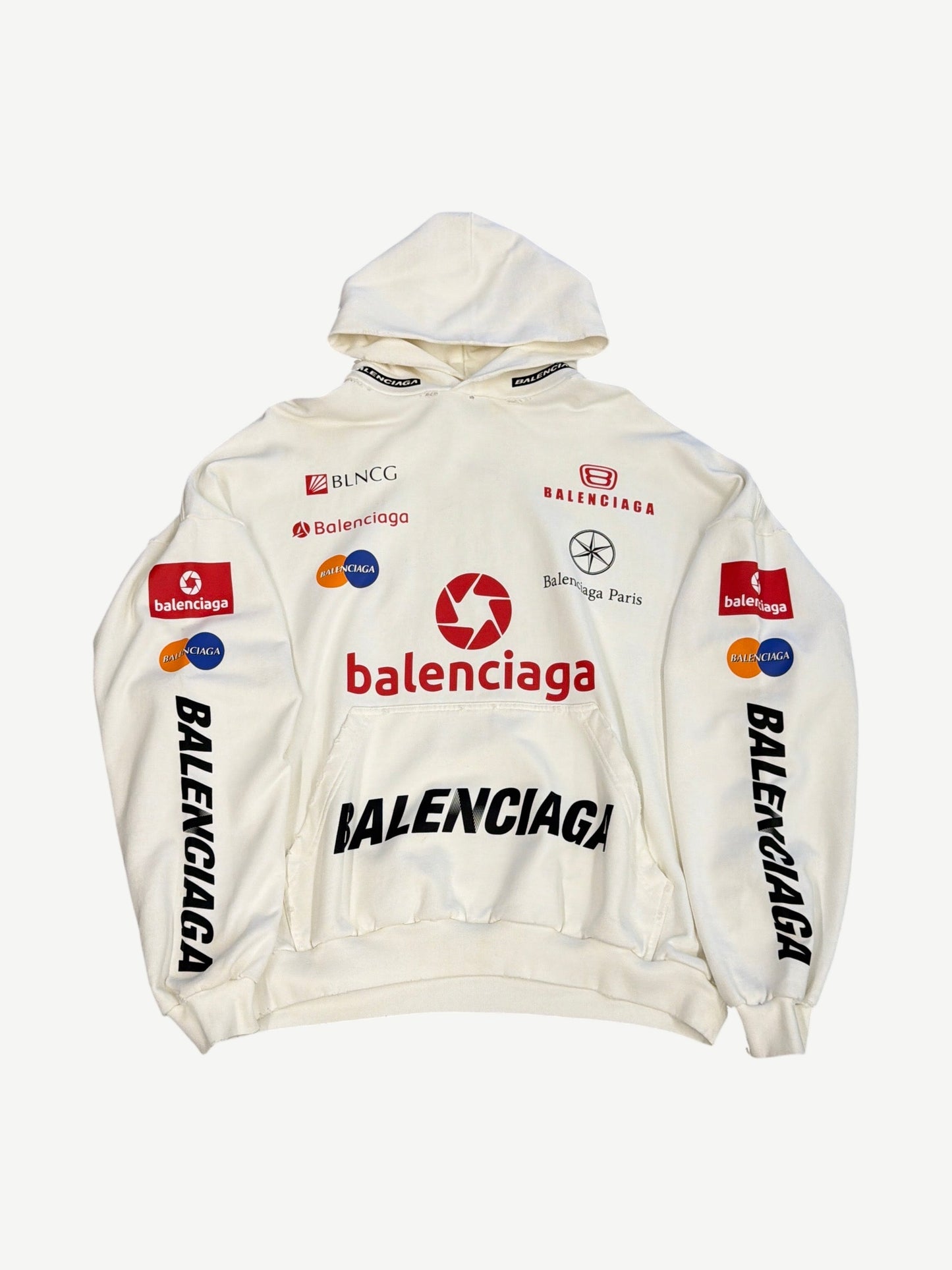 Balenciaga white cotton hoodie with red Top League collegiate logo and number 13 across chest, front view