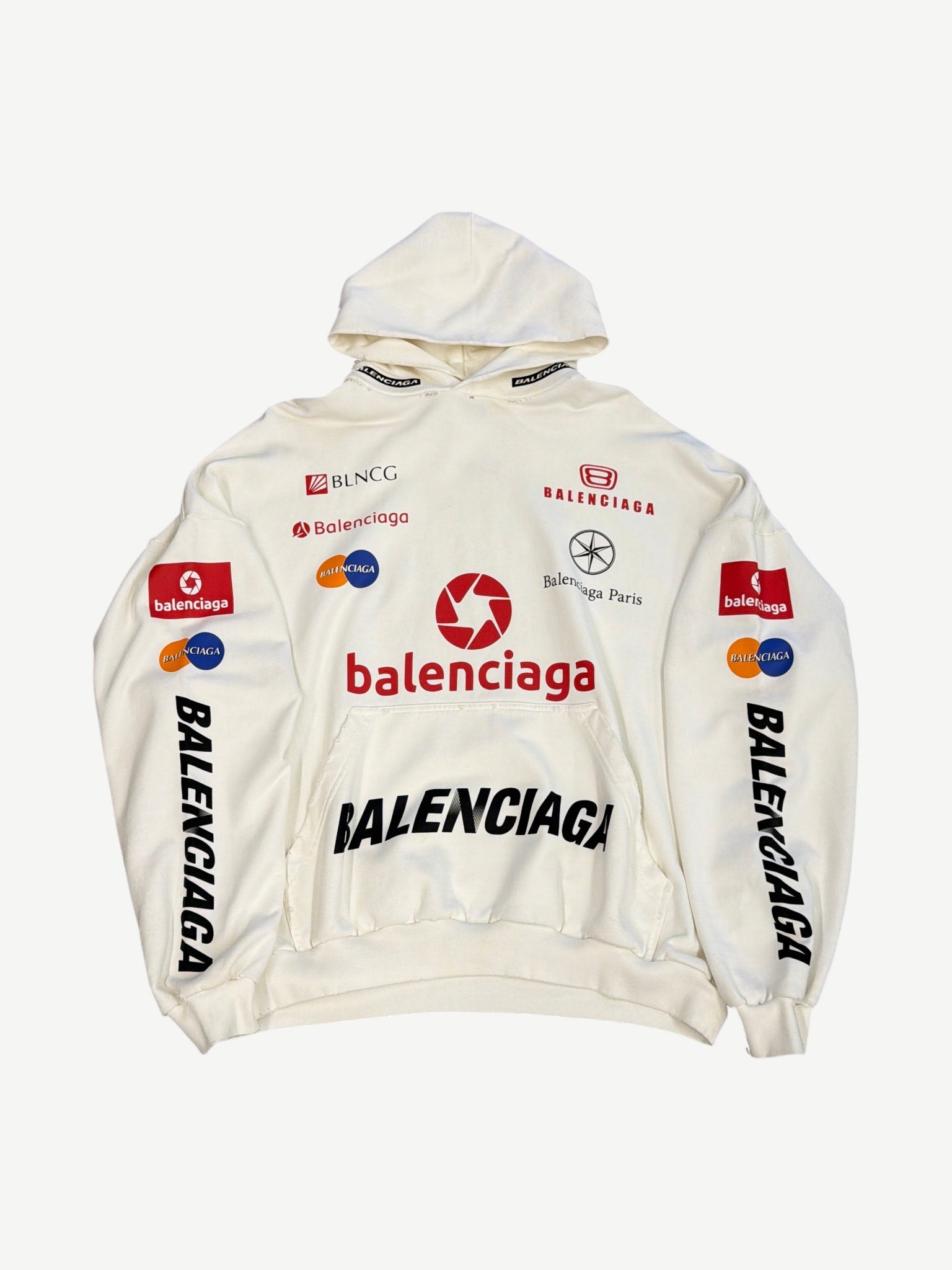 Balenciaga white cotton hoodie with red Top League collegiate logo and number 13 across chest, front view